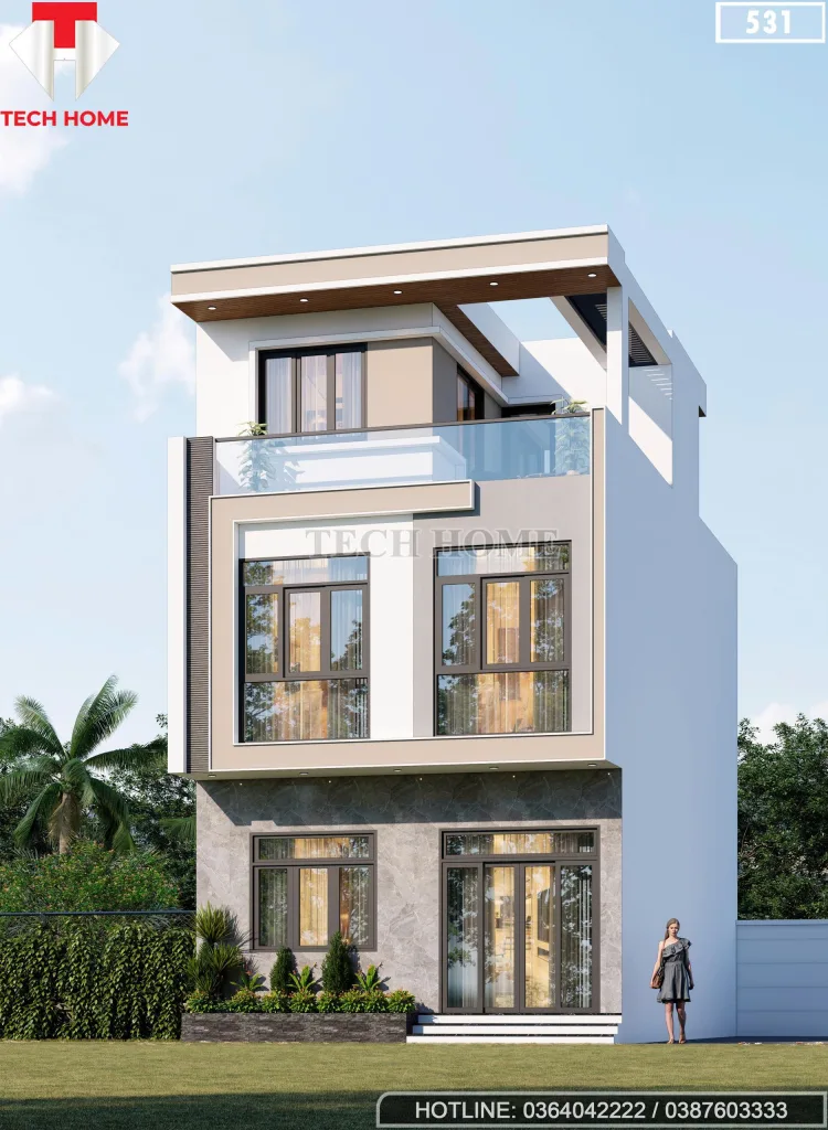 Góc nghiêng mẫu nhà 2 tầng 1 tum hiện đại