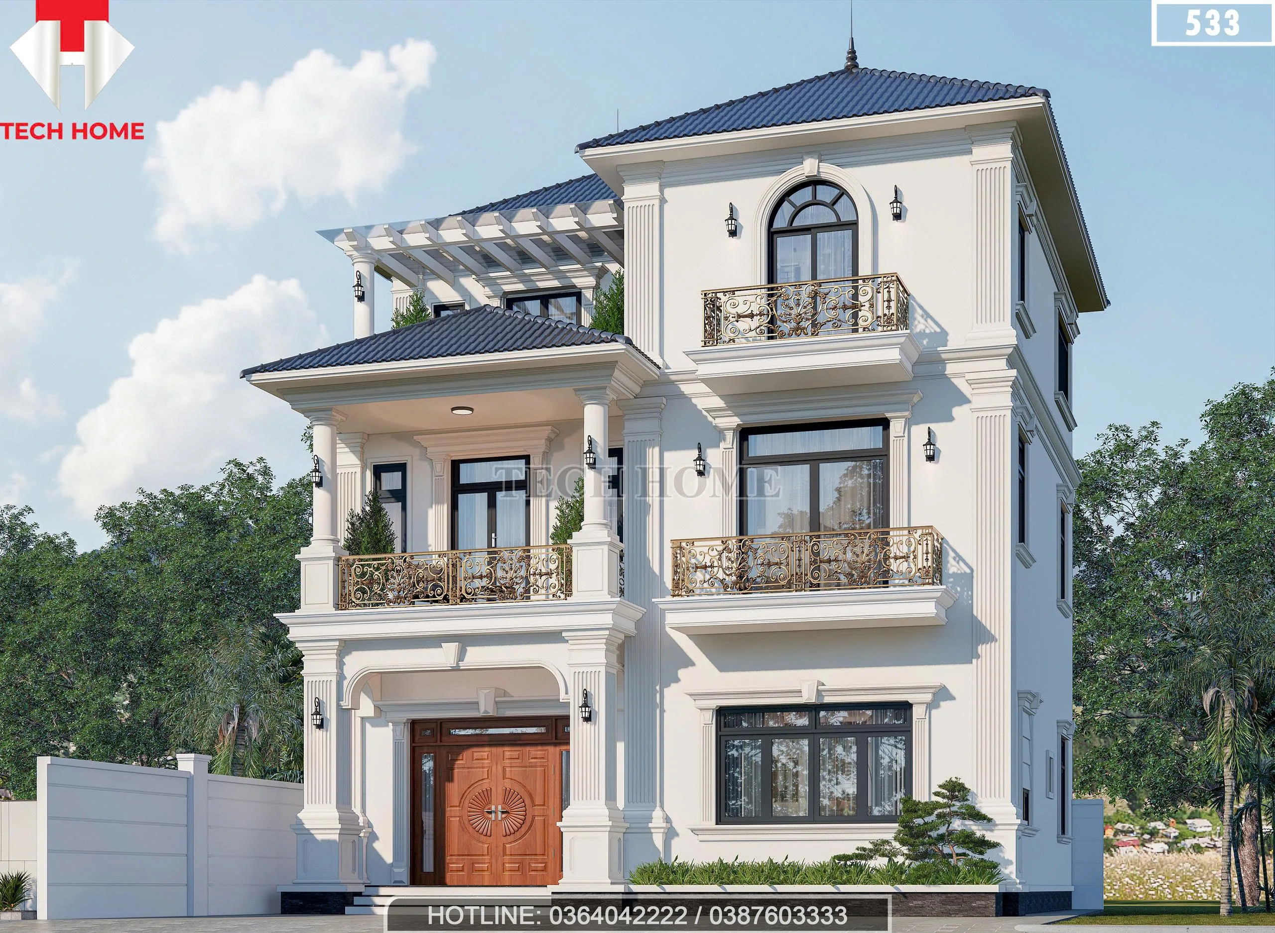 Góc nghiêng mẫu nhà 2 tầng 1 tum mái Nhật kiến trúc Tân cổ điển