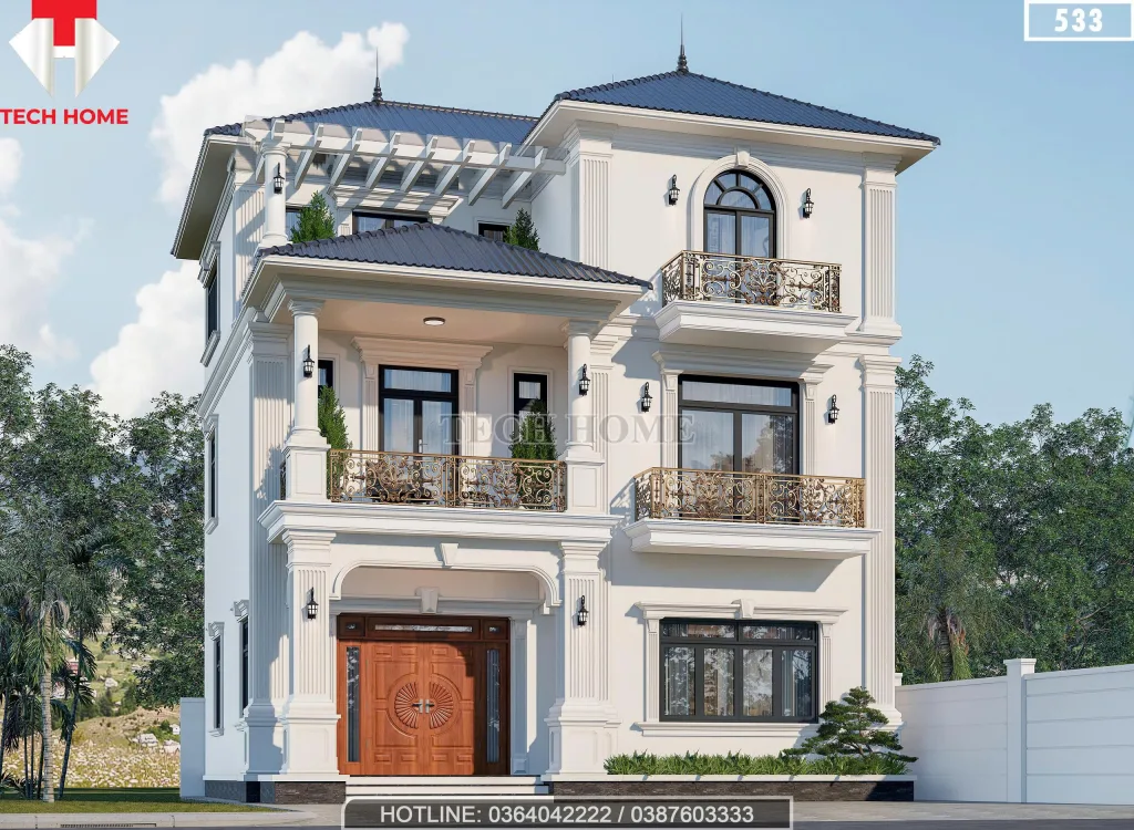 Góc nghiêng mẫu nhà 2 tầng 1 tum mái Nhật kiến trúc Tân cổ điển