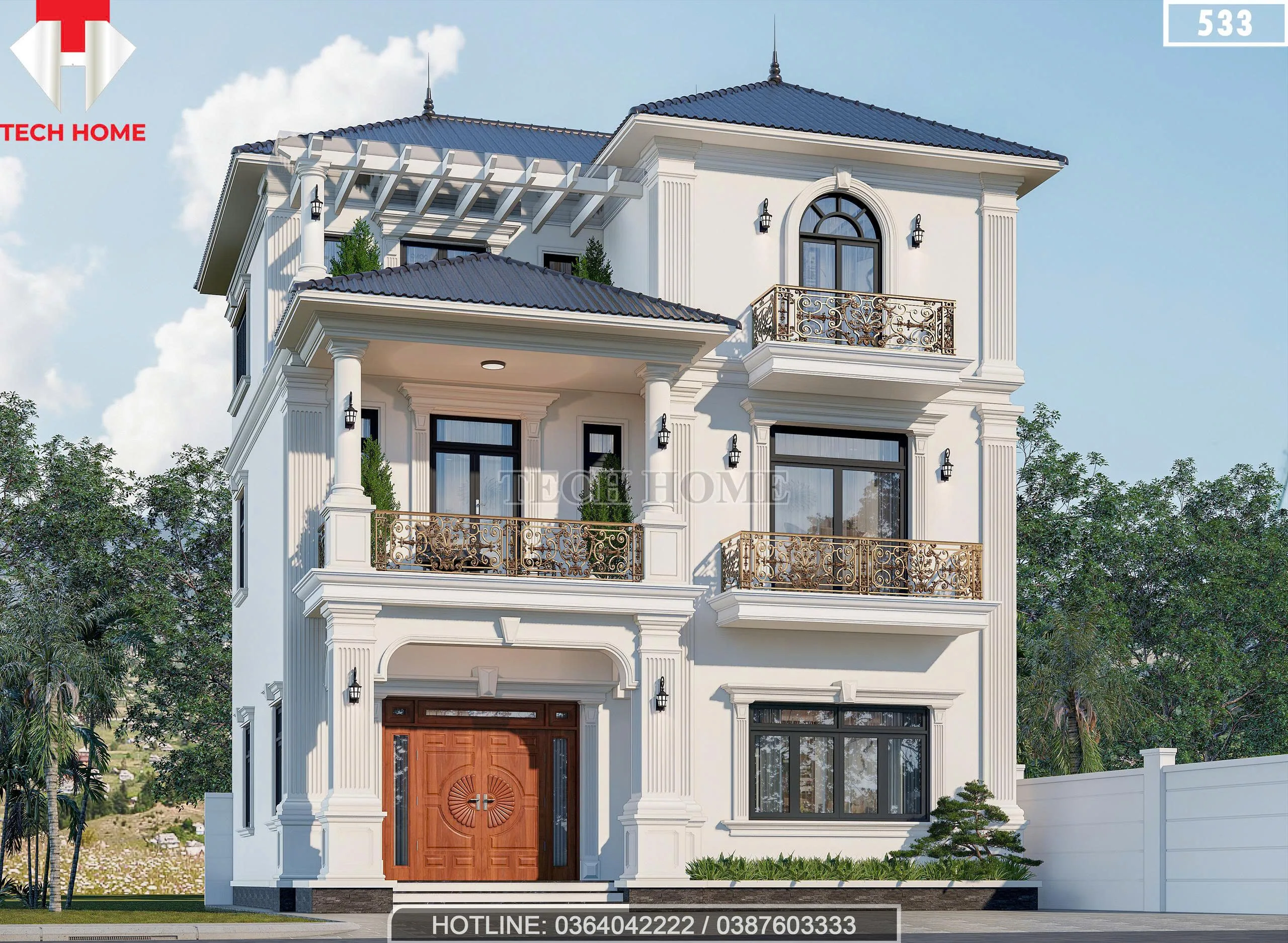 Góc nghiêng mẫu nhà 2 tầng 1 tum mái Nhật kiến trúc Tân cổ điển