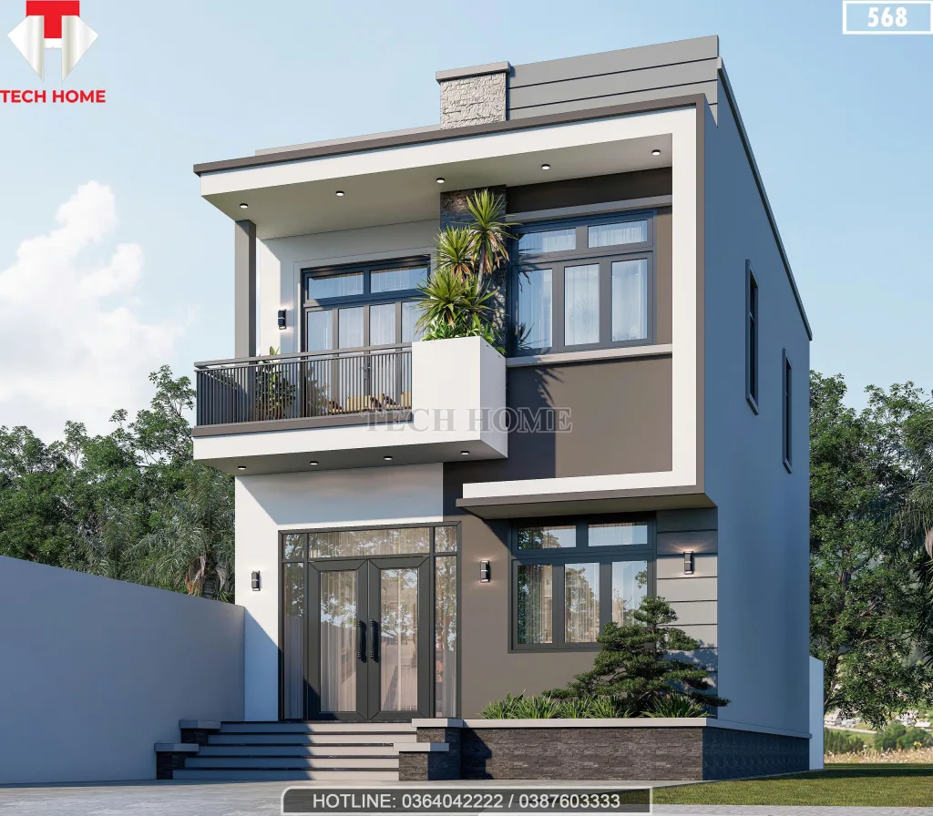 Góc nghiêng mẫu nhà 2 tầng đẹp sử dụng hệ cửa nhôm kính Xingfa lấy sáng tối đa.