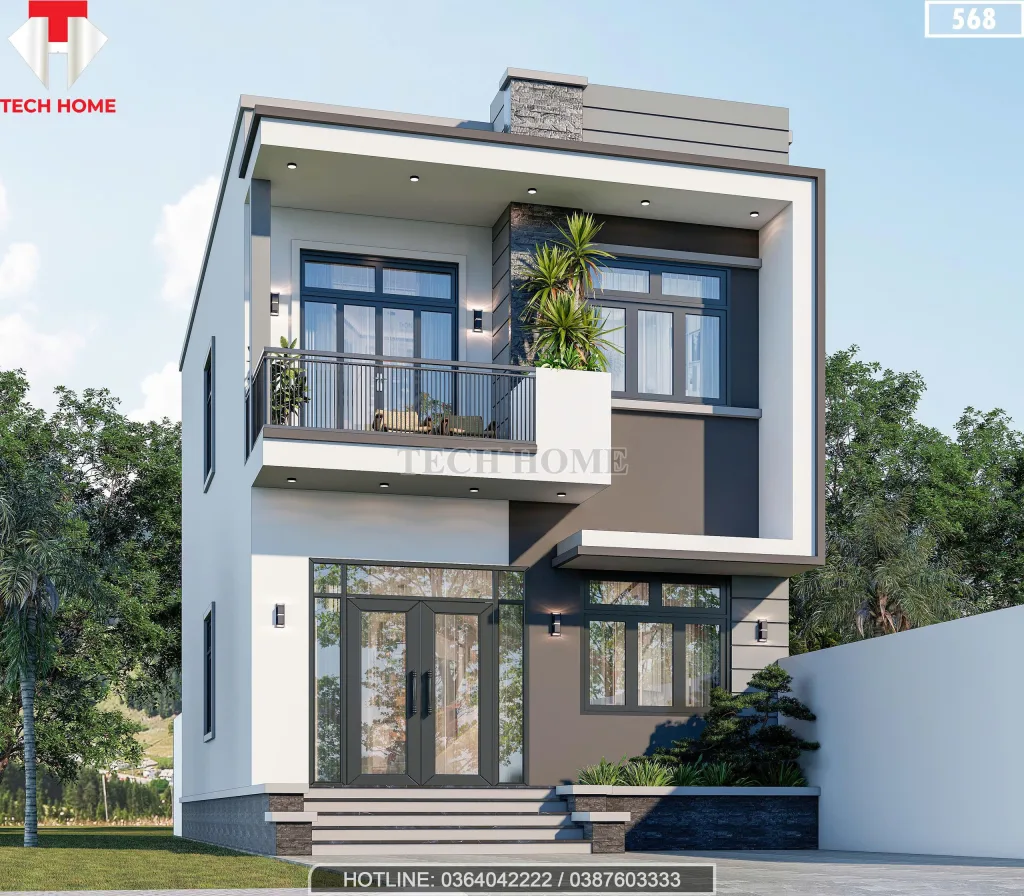 Góc nghiêng mẫu nhà 2 tầng đẹp sử dụng hệ cửa nhôm kính Xingfa lấy sáng tối đa.