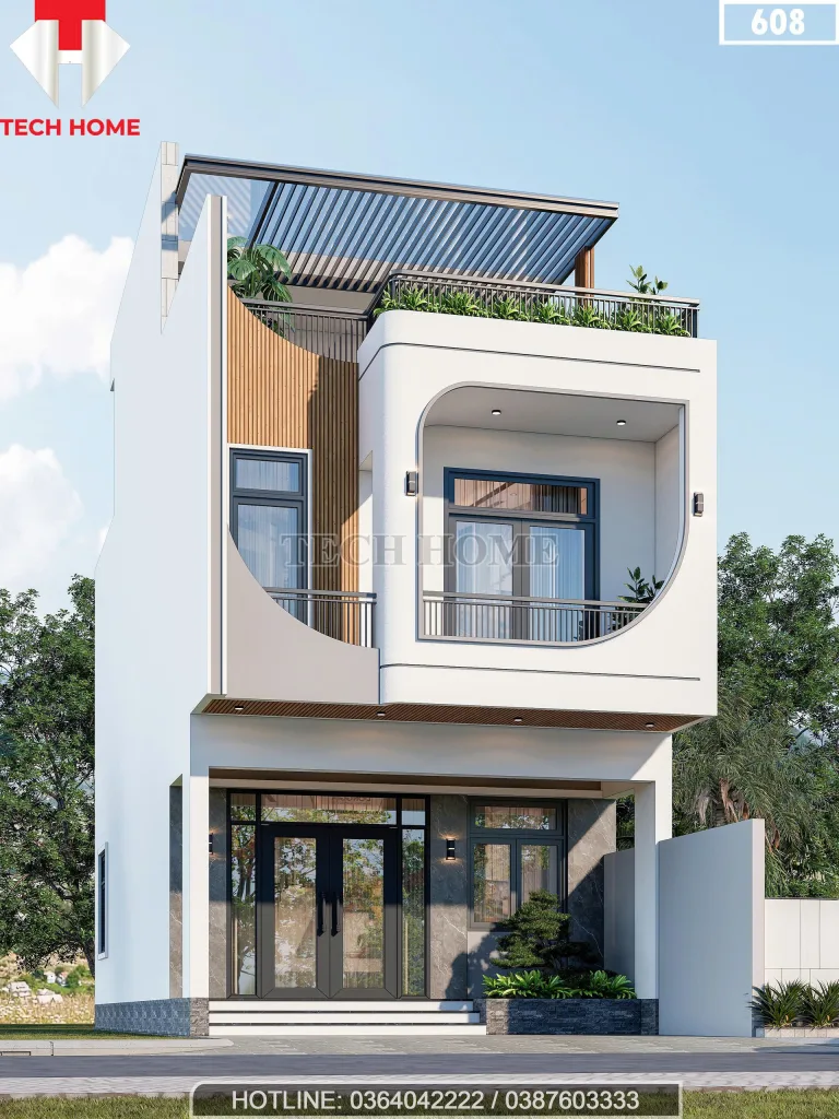 Góc nghiêng mẫu nhà phố 2 tầng 1 tum hiện đại
