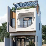 Góc nghiêng mẫu nhà phố 2 tầng 1 tum hiện đại với hệ cửa nhôm kính lấy sáng tối đa.