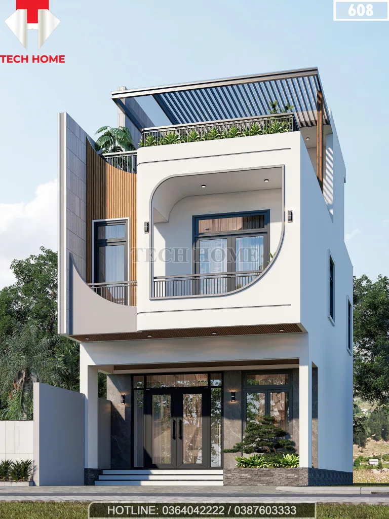 Góc nghiêng mẫu nhà phố 2 tầng 1 tum hiện đại với hệ cửa nhôm kính lấy sáng tối đa.