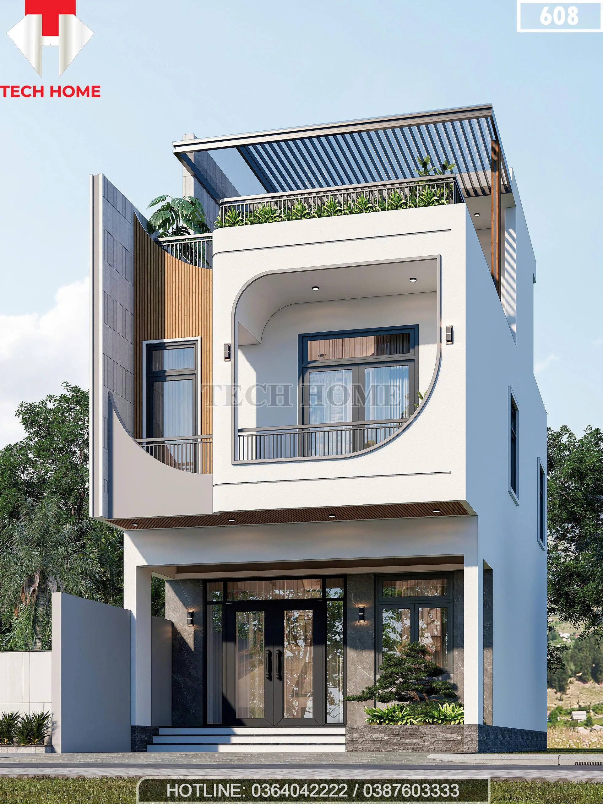 Góc nghiêng mẫu nhà phố 2 tầng 1 tum hiện đại với hệ cửa nhôm kính lấy sáng tối đa.