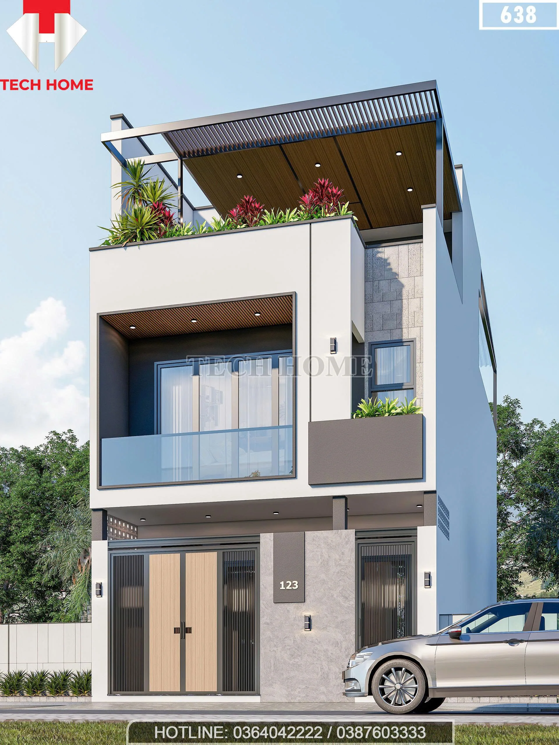 Góc nghiêng mẫu nhà phố 2 tầng 1 tum hiện đại