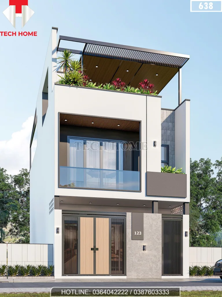 Góc nghiêng mẫu nhà phố 2 tầng 1 tum hiện đại