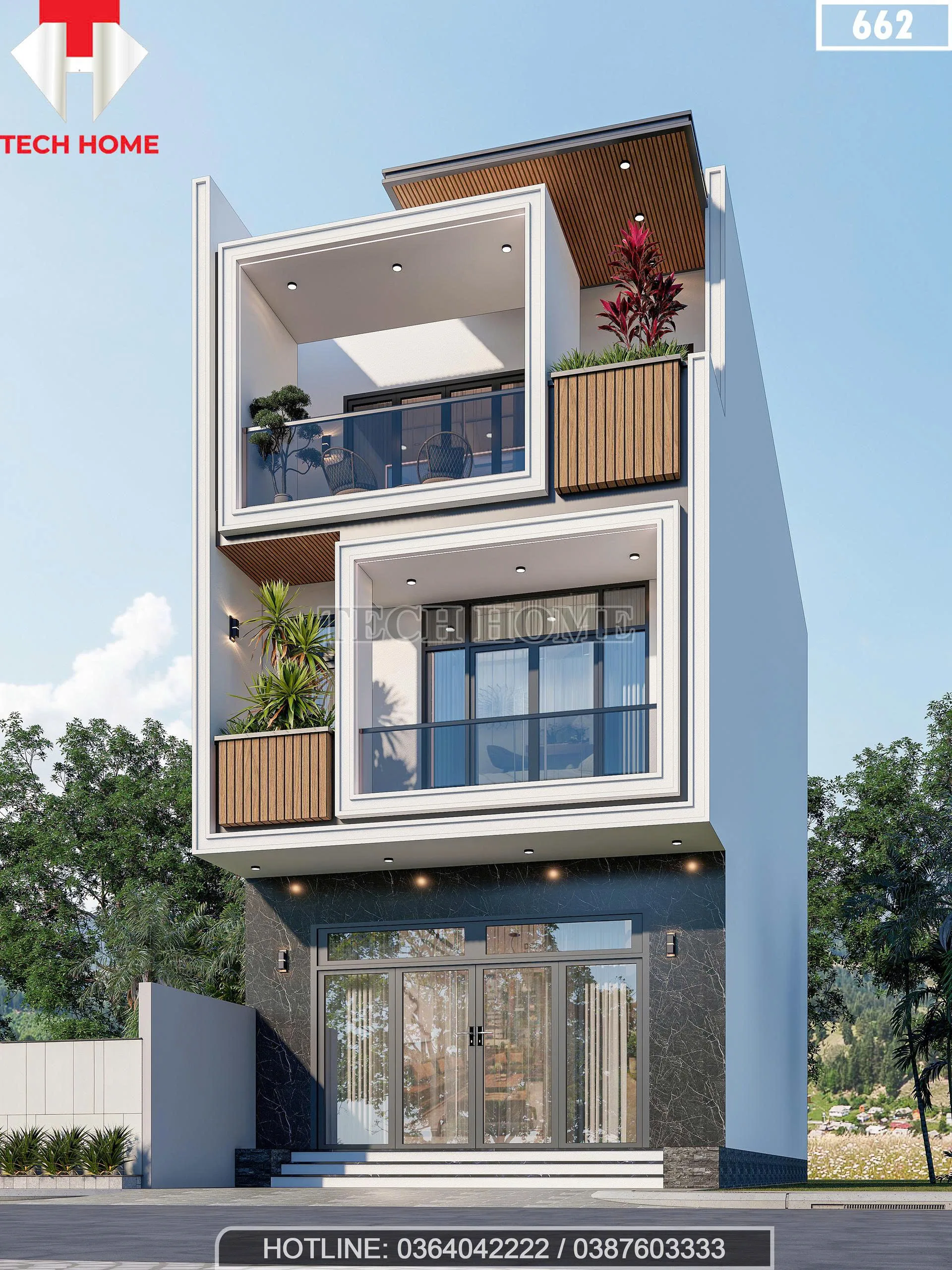 Góc nghiêng mẫu nhà phố 3 tầng đẹp với ban công kính cường lực và lam gỗ trang trí sang trọng.