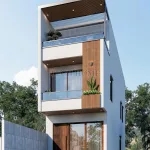 Góc nghiêng mẫu thiết kế nhà ống 3 tầng với hệ lan can kính và lam gỗ trang trí đẹp mắt.