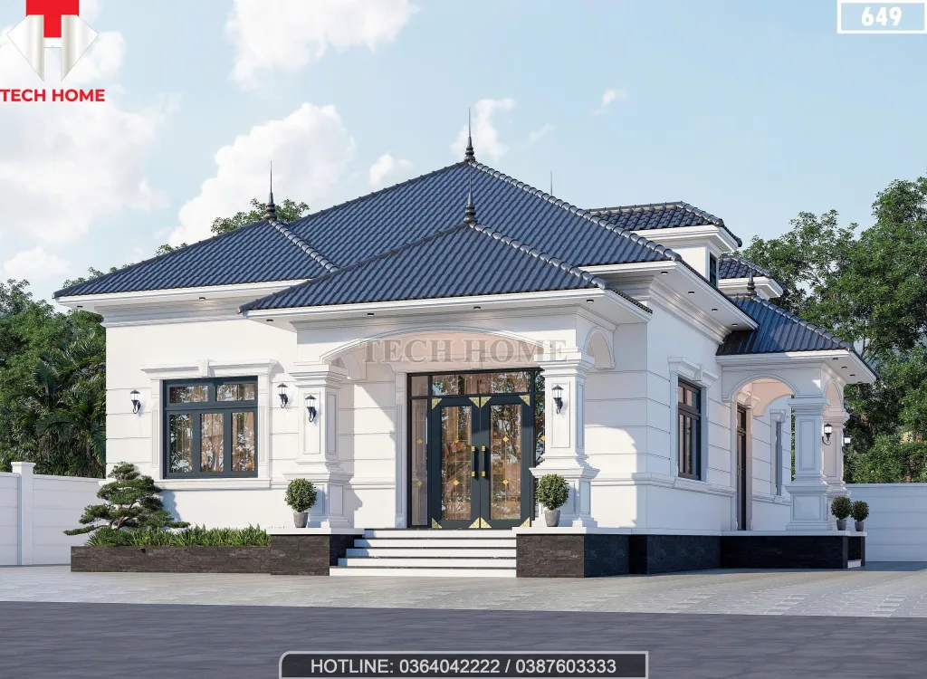 Góc nghiêng mẫu nhà vườn mái Nhật 1 tầng với hệ cửa sang trọng và sân vườn rộng.