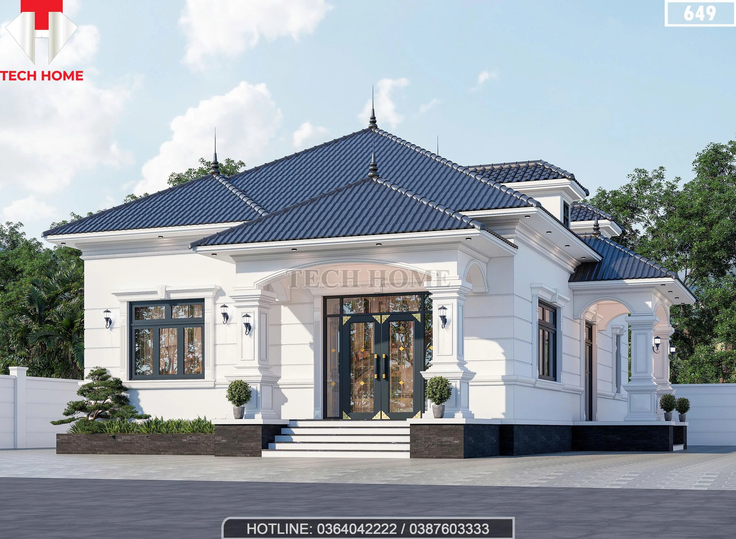 Góc nghiêng mẫu nhà vườn mái Nhật 1 tầng với hệ cửa sang trọng và sân vườn rộng.