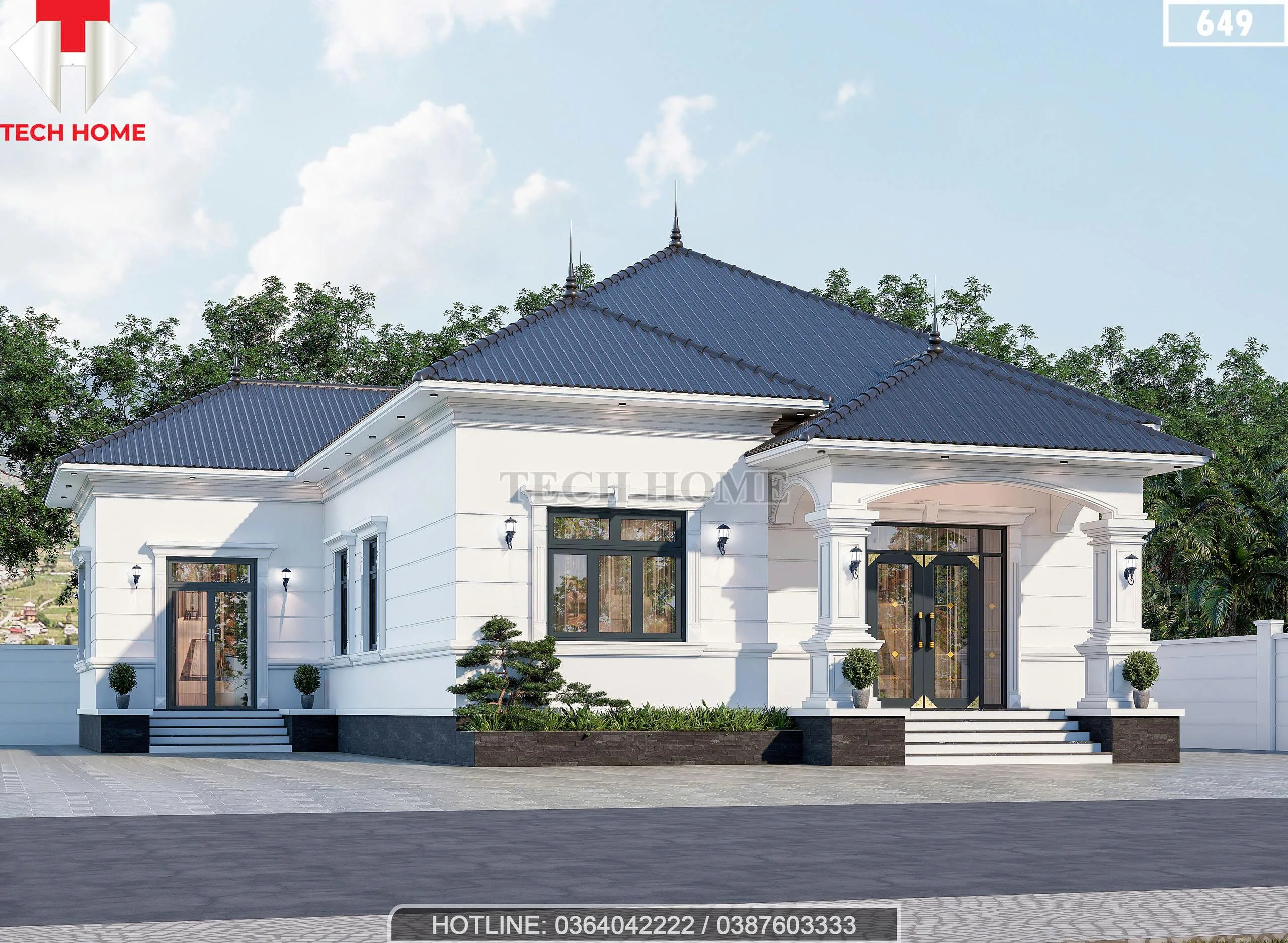 Góc nghiêng mẫu nhà vườn mái Nhật 1 tầng với hệ cửa sang trọng và sân vườn rộng.