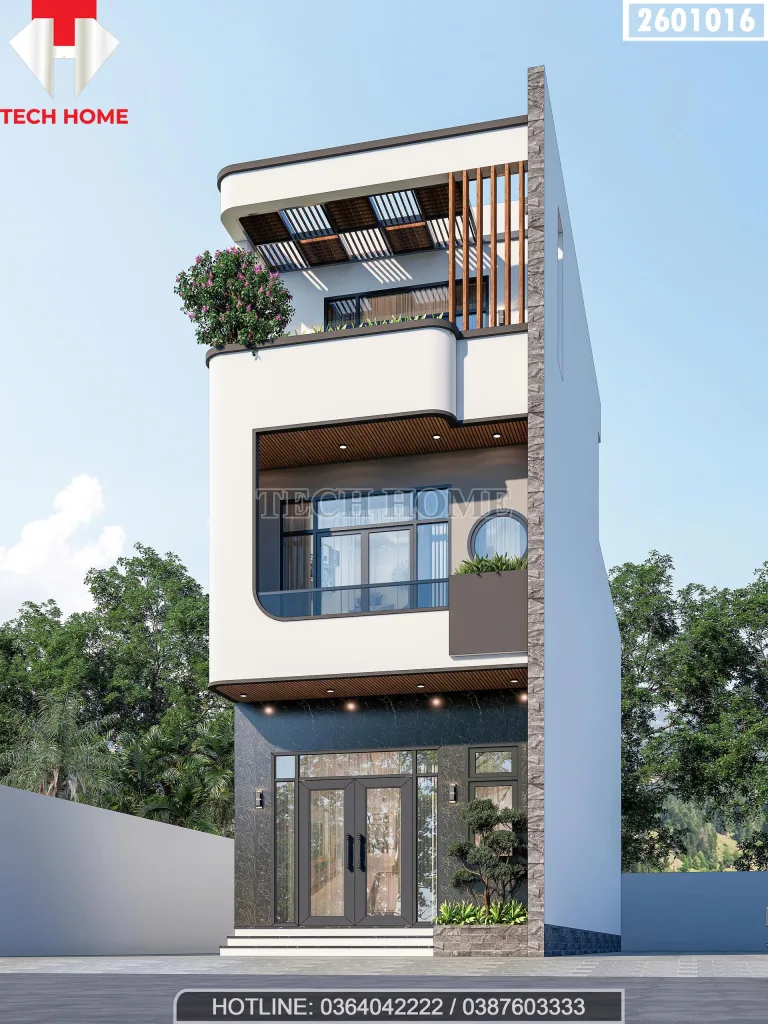 Góc nghiêng mẫu thiết kế nhà phố 3 tầng phong cách hiện đại với không gian mở