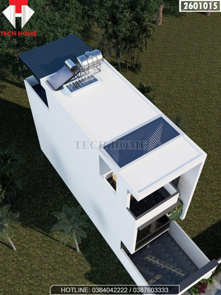 Tổng thể mẫu nhà ống 3 tầng đẹp nhìn từ trên cao với hệ thống tum thang và giếng trời lấy sáng thông minh.