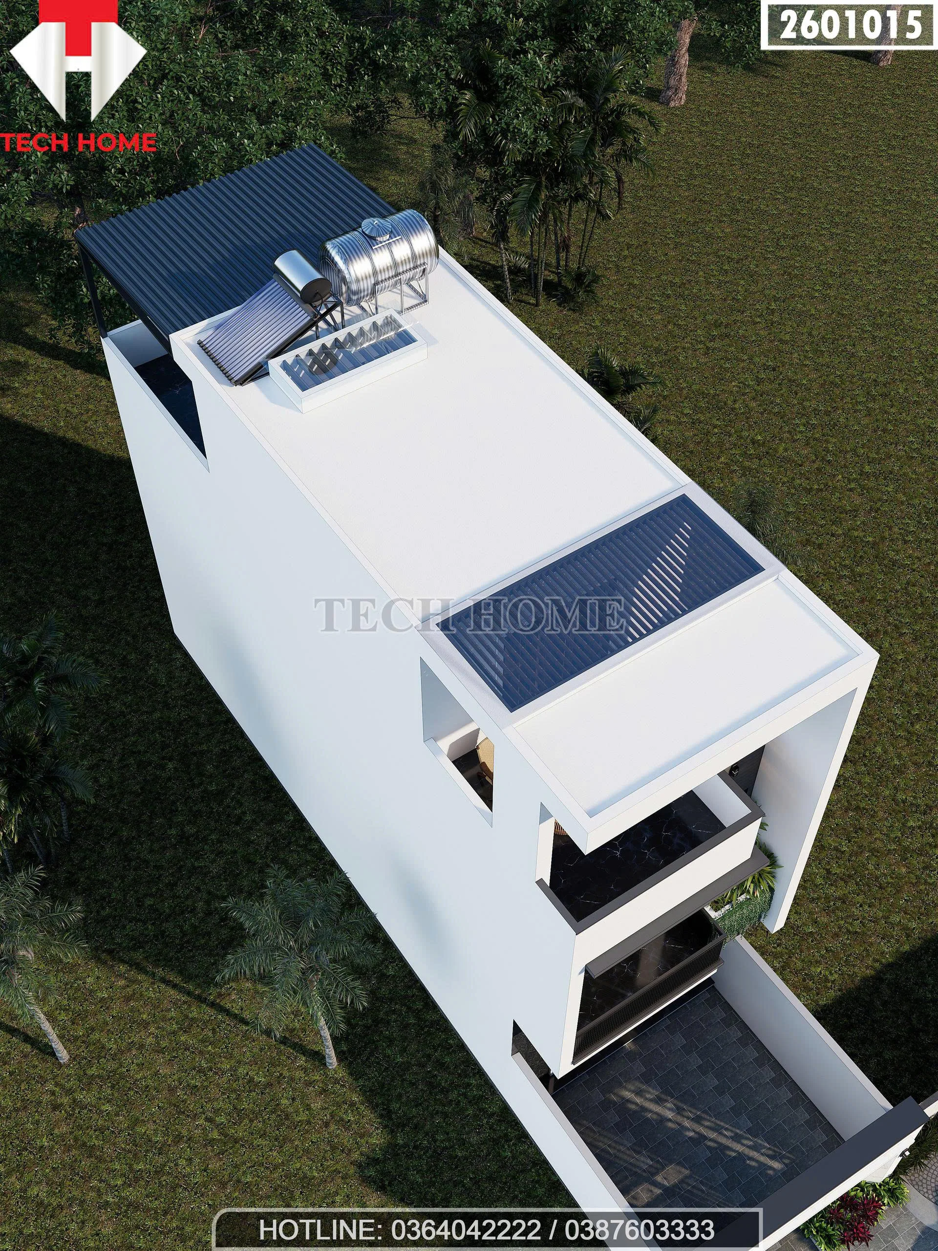 Tổng thể mẫu nhà ống 3 tầng đẹp nhìn từ trên cao với hệ thống tum thang và giếng trời lấy sáng thông minh.