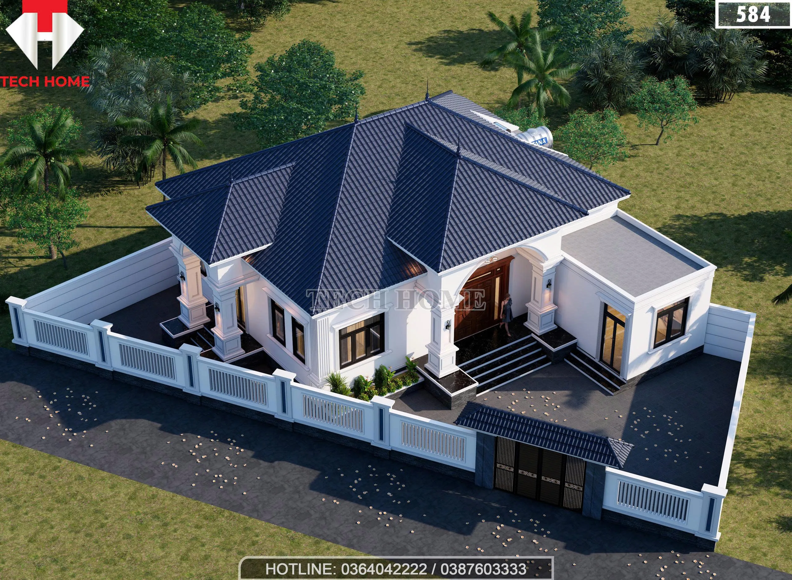 Tổng thể hệ mái Nhật màu xanh than giật cấp đẹp mắt nhìn từ trên cao xuống của nhà anh Hưng.