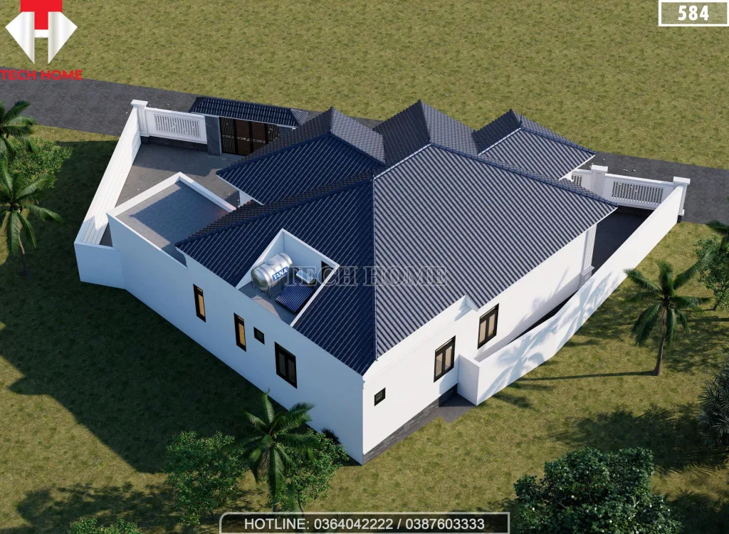 Tổng thể mặt sau mẫu nhà cấp 4 mái Nhật hiện đại