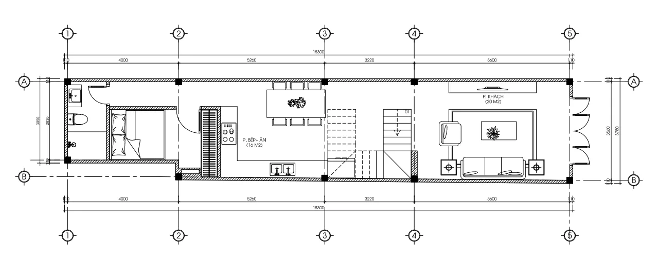 Bản vẽ mặt bằng bố trí công năng tầng 1 mẫu thiết kế nhà phố 3 tầng kích thước 3,78x18,3m.