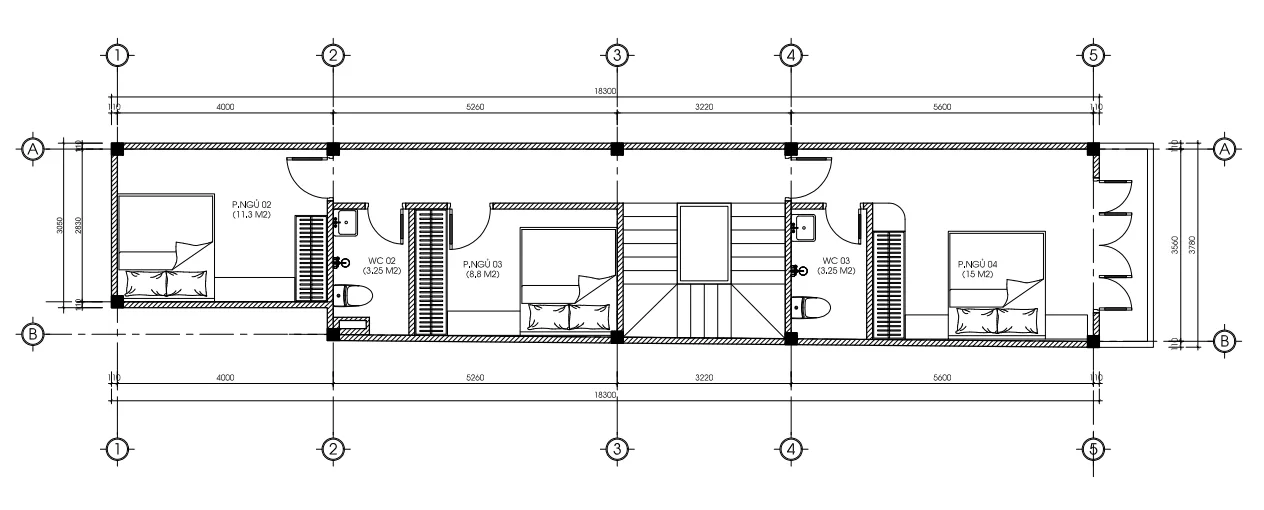 Bản vẽ mặt bằng bố trí công năng tầng 2 mẫu thiết kế nhà phố 3 tầng kích thước 3,78x18,3m.