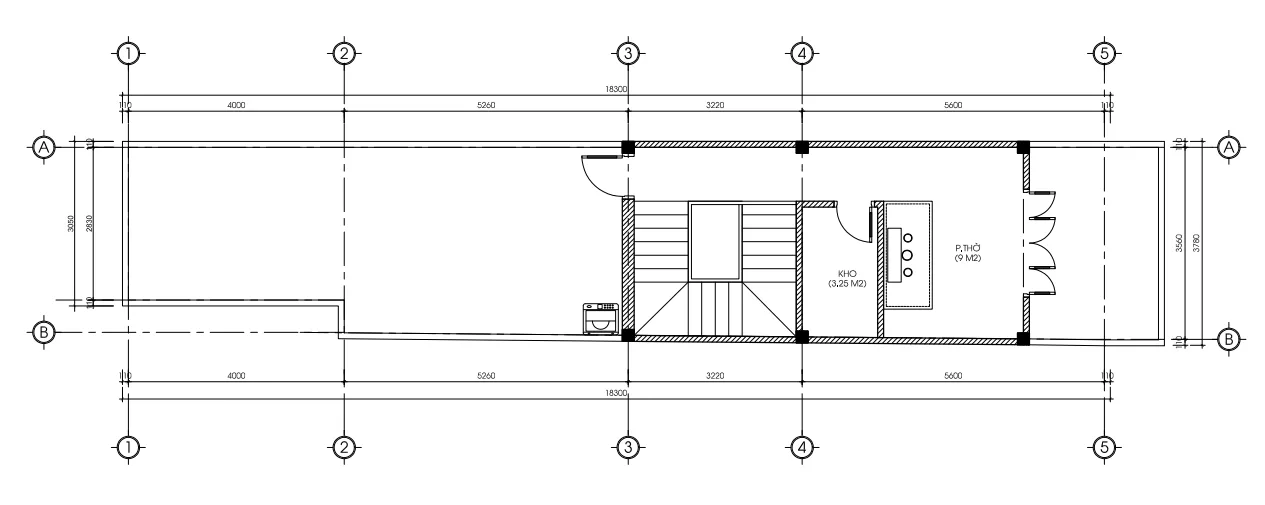 Bản vẽ mặt bằng bố trí công năng tầng 3 mẫu thiết kế nhà phố 3 tầng kích thước 3,78x18,3m.