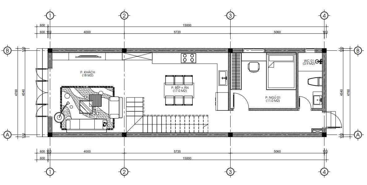 Bản vẽ mặt bằng công năng tầng 1 mẫu nhà 2 tầng 1 tum diện tích 74m2 gồm phòng khách, bếp ăn và 1 ngủ.