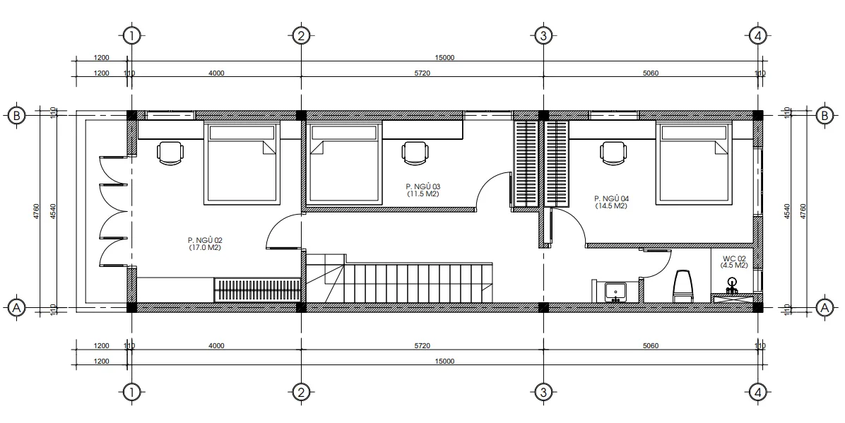 Bản vẽ bố trí 3 phòng ngủ tại tầng 2 mẫu nhà ống 2 tầng 1 tum kích thước 4.76x15m.