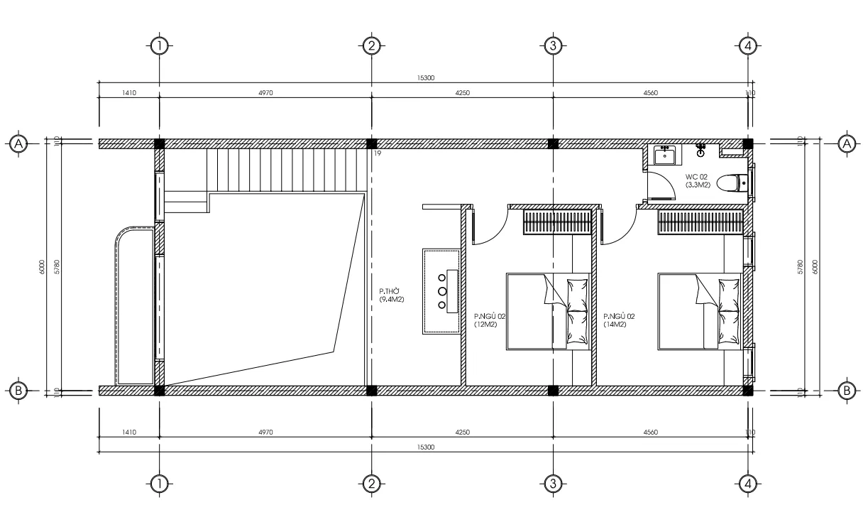 mặt bằng tầng 2 mẫu nhà 2 tầng đẹp
