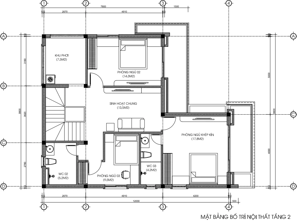 mặt bằng tầng 2 mẫu nhà 2 tầng mái Nhật