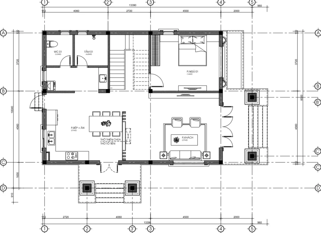mặt bằng tầng 1 mẫu nhà 2 tầng mái Nhật