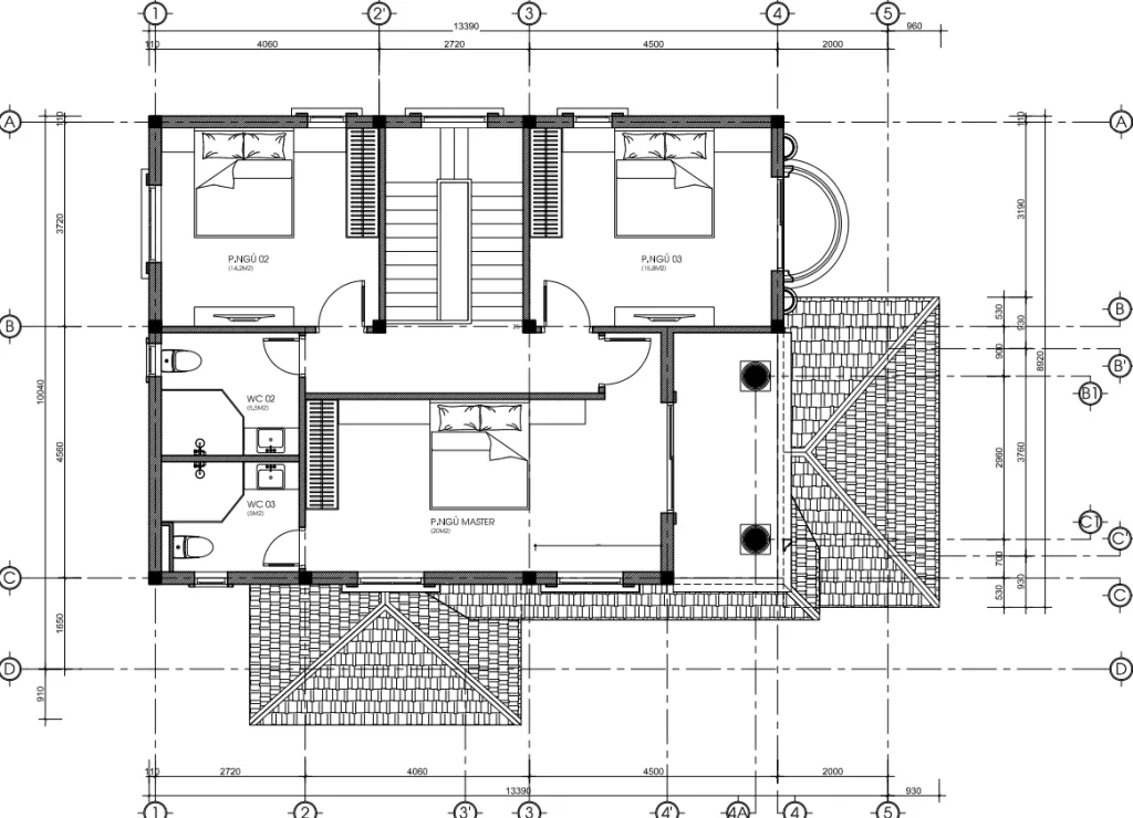 mặt bằng tầng 2 mẫu nhà 2 tầng mái Nhật