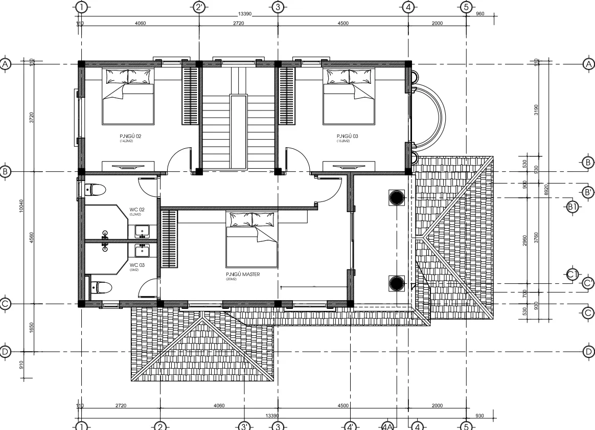 mặt bằng tầng 2 mẫu nhà 2 tầng mái Nhật