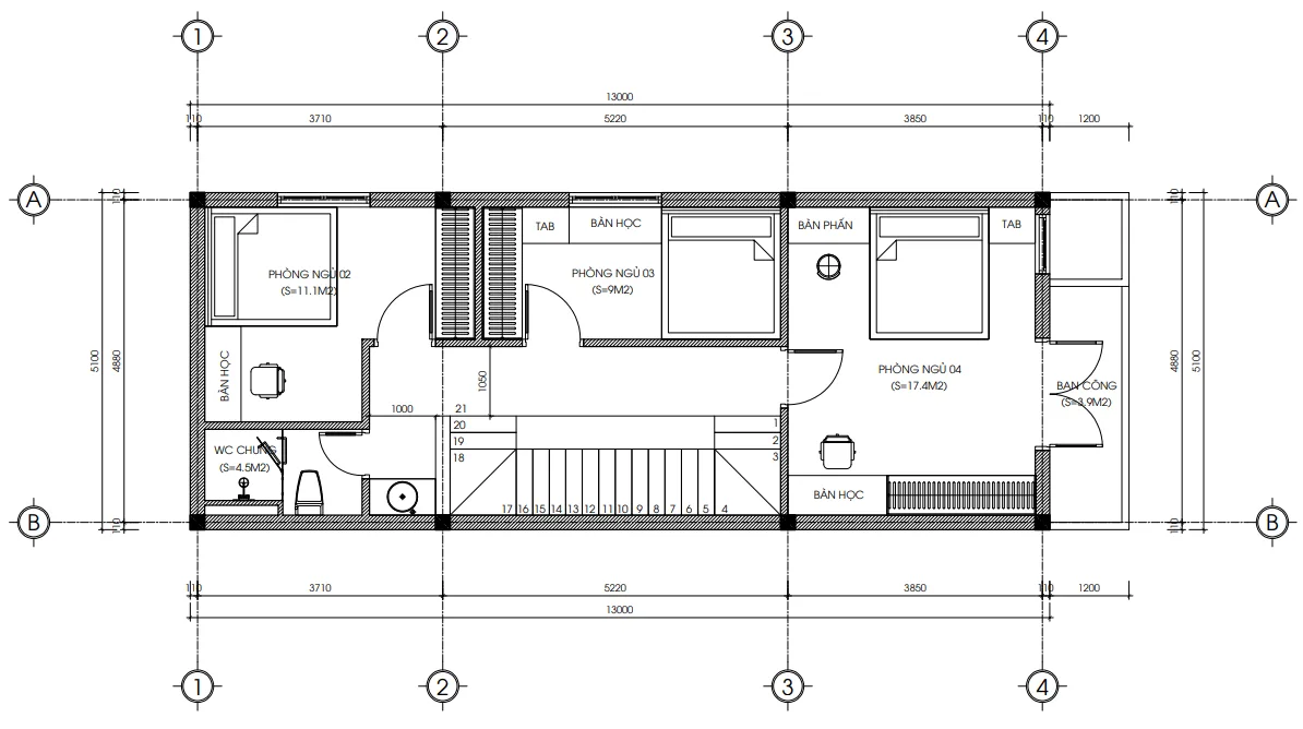 mặt bằng tầng 2 mẫu nhà ống 2 tầng 1 tum