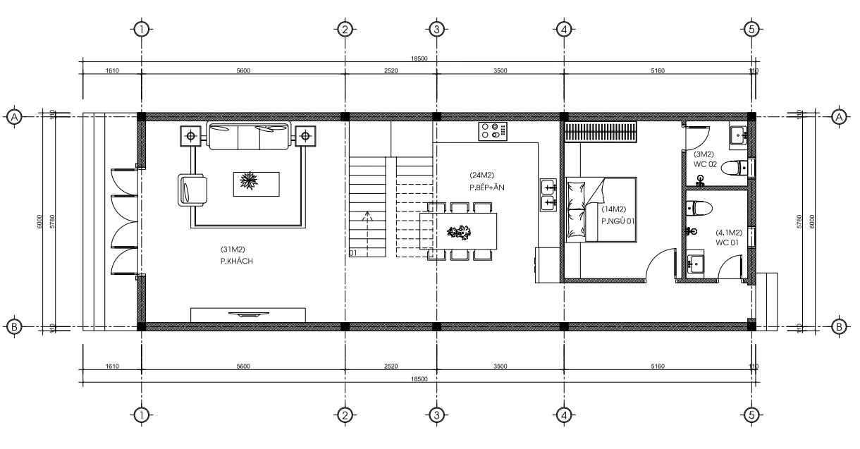 mặt bằng tầng 1 mẫu nhà ống 2 tầng đẹp