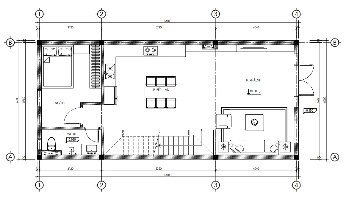 mặt bằng tầng 1 mẫu nhà phố 2 tầng 1 tum tại Phú Thọ