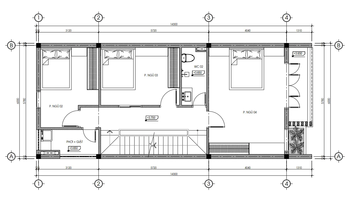mặt bằng tầng 2 mẫu nhà phố 2 tầng 1 tum tại Phú Thọ
