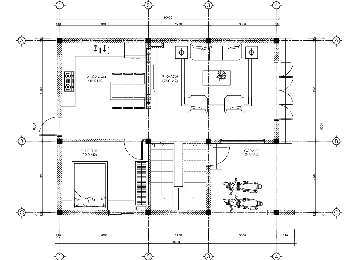 mặt bằng tầng 1 mẫu nhà phố 3 tầng hiện đại
