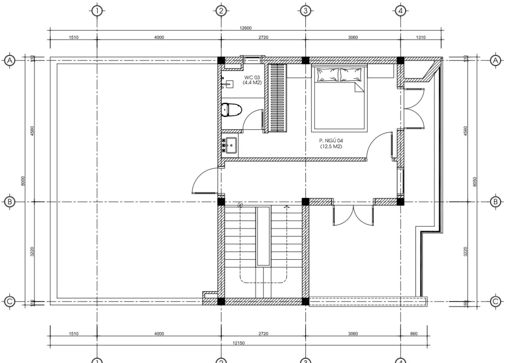 mặt bằng tầng 3 mẫu nhà phố 3 tầng hiện đại