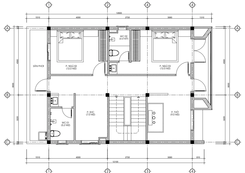 mặt bằng tầng 2 mẫu nhà phố 3 tầng hiện đại