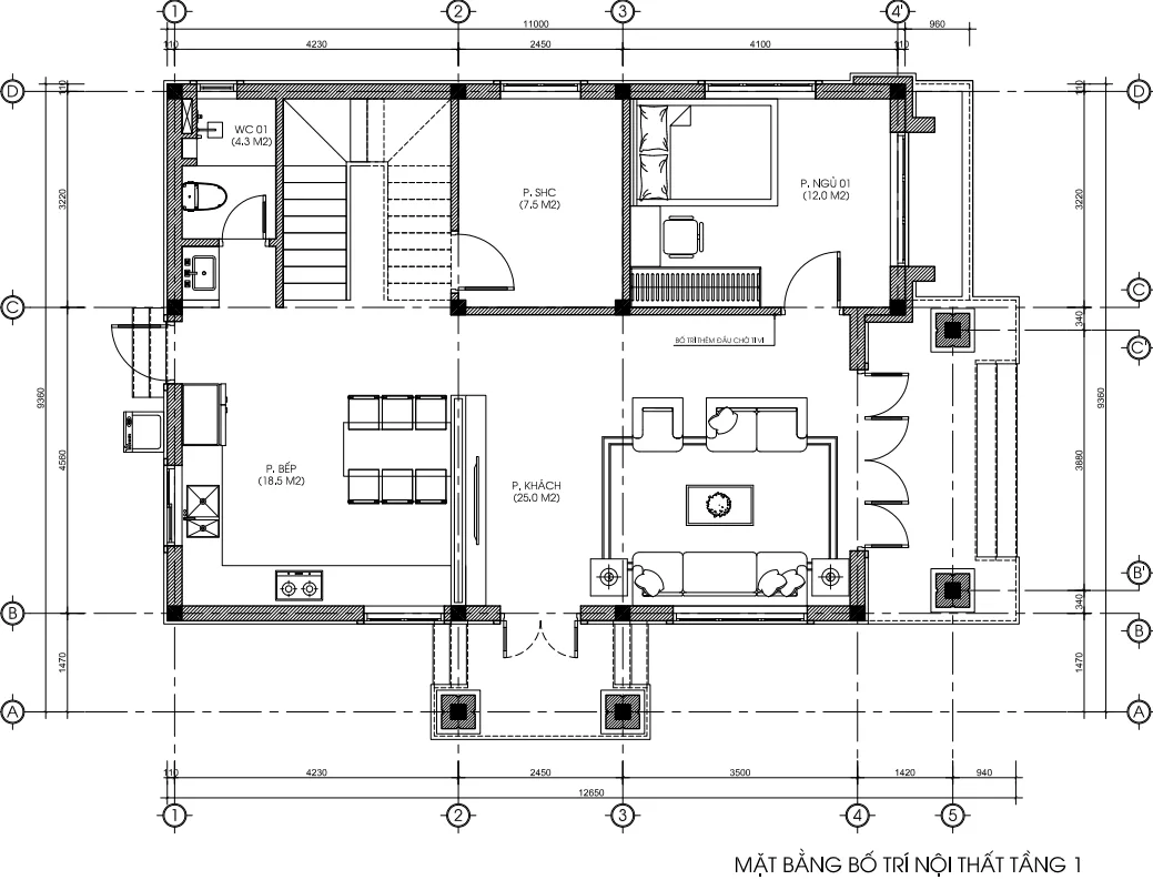 mặt bằng tầng 1 mẫu nhà 2 tầng mái Nhật