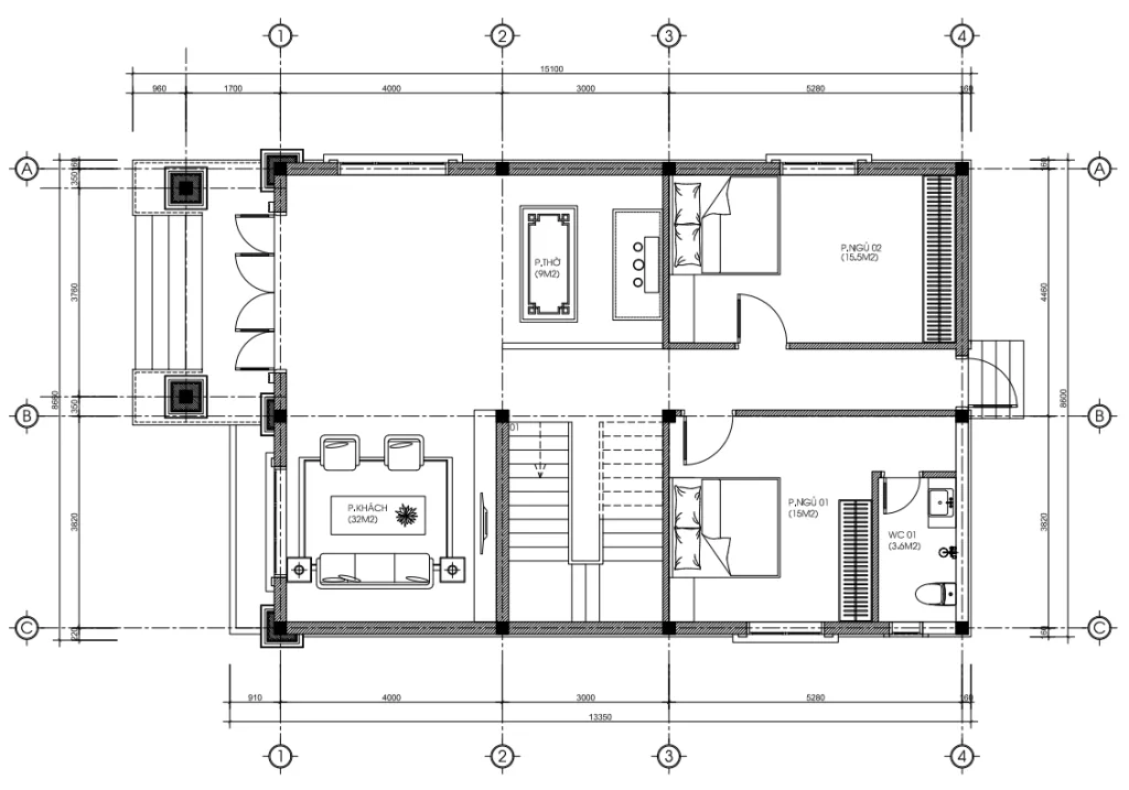 mặt bằng tầng 1 nhà 2 tầng mái Nhật