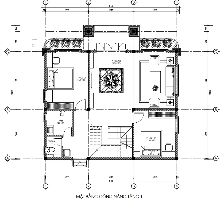 mặt bằng tầng 1 nhà 2 tầng mái Nhật