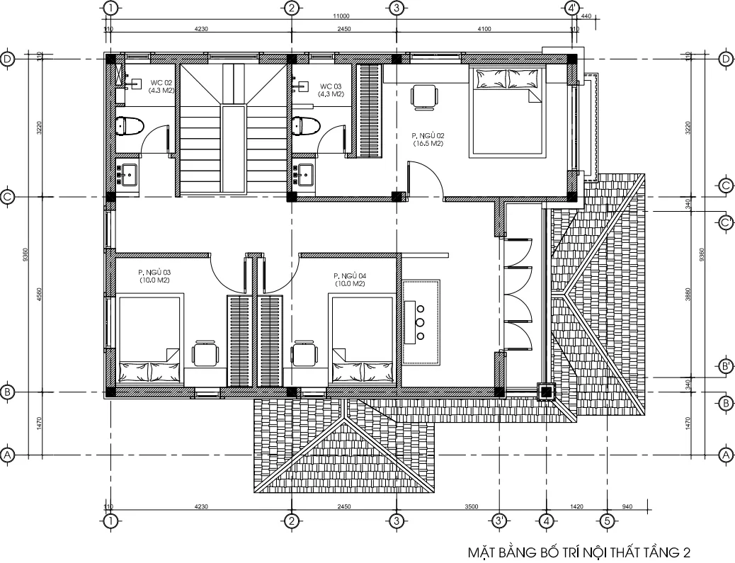 mặt bằng tầng 2 mẫu nhà 2 tầng mái Nhật