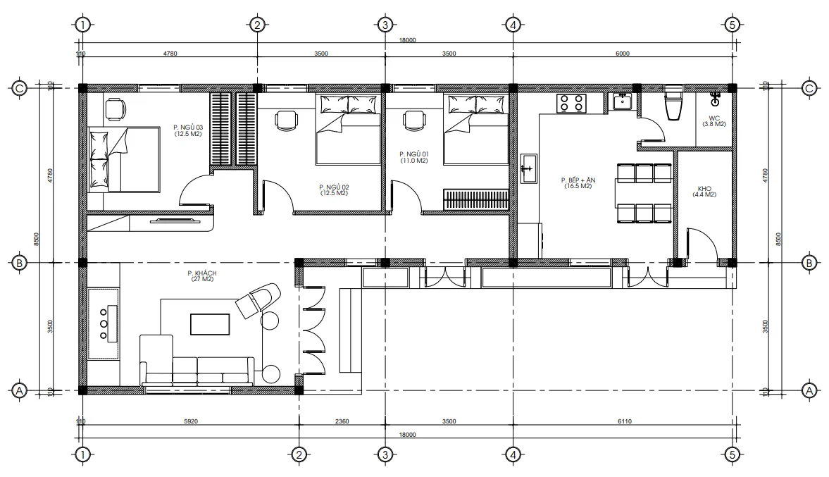 Bản vẽ mặt bằng bố trí công năng nhà cấp 4 mái Nhật 3 phòng ngủ diện tích 120m2.