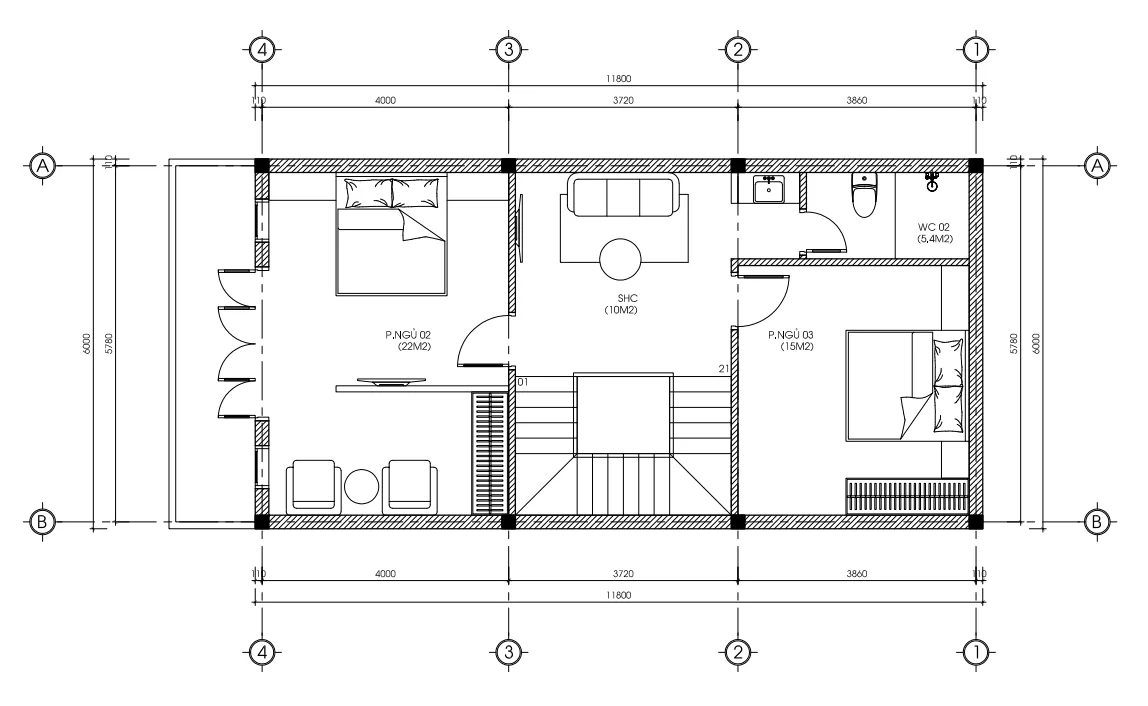 Thiết kế mặt bằng tầng 2 mẫu nhà 3 tầng đẹp với phòng ngủ Master 22m2 và phòng sinh hoạt chung ấm cúng.
