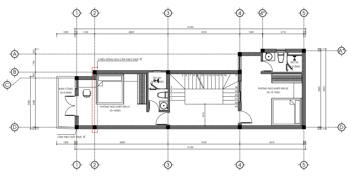 Bản vẽ mặt bằng tầng 2 thiết kế nhà phố 3 tầng hiện đại với 2 phòng ngủ khép kín.