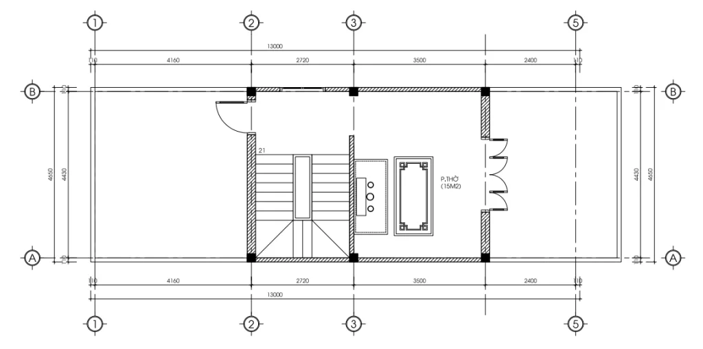 Bố trí mặt bằng tầng tum mẫu nhà ống 3 tầng đẹp với phòng thờ 15m2 và sân phơi thoáng gió.