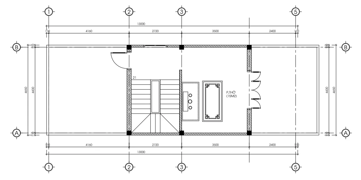 Bố trí mặt bằng tầng tum mẫu nhà ống 3 tầng đẹp với phòng thờ 15m2 và sân phơi thoáng gió.