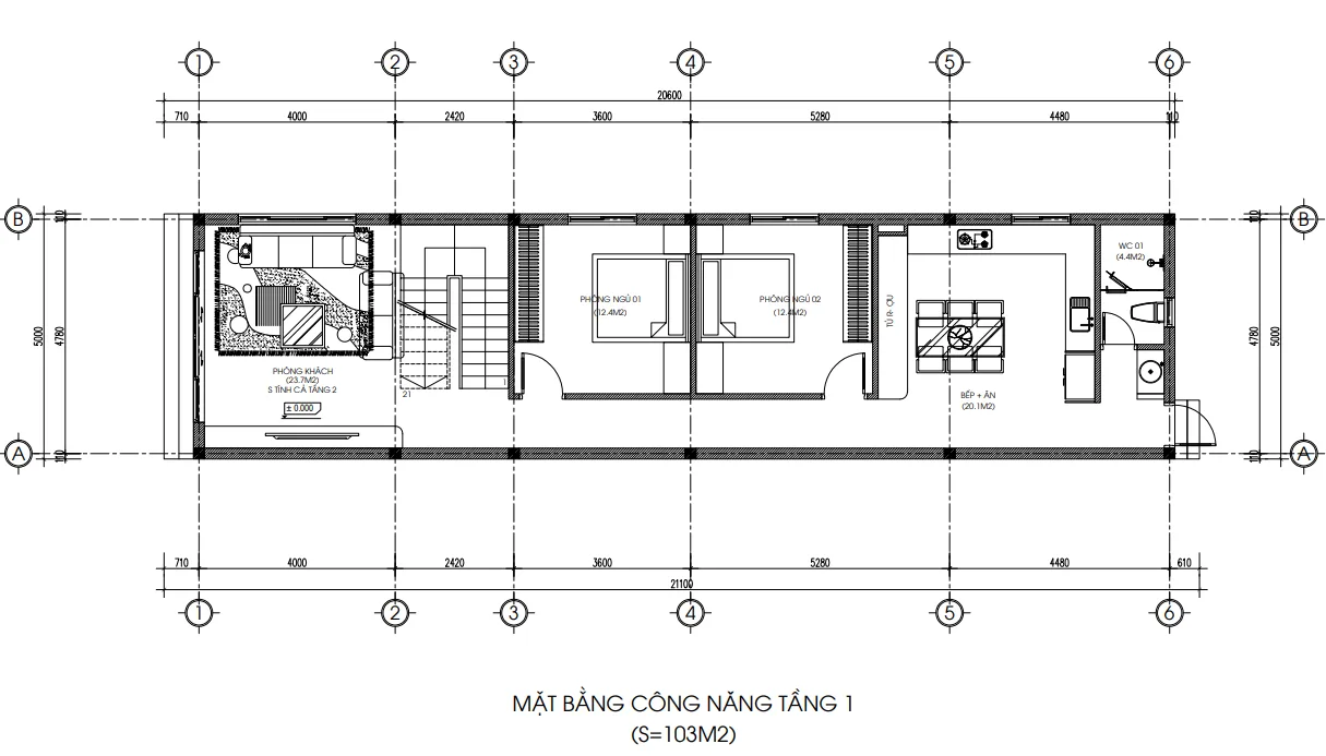 mặt bằng tầng 1 thiết kế nhà ống 2 tầng