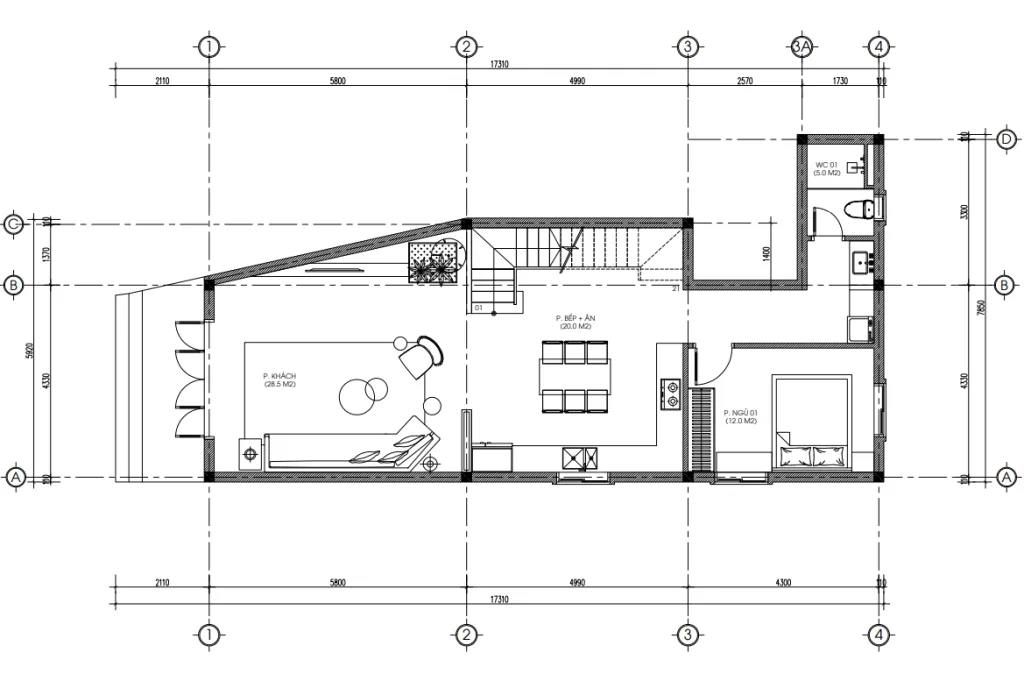 mặt bằng tầng 1 thiết kế nhà ống 2 tầng